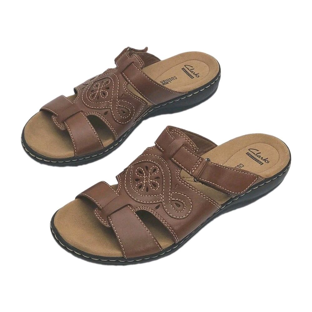 Clarks Collection Sandal Shoe Brown Leather 1.5" Heel Cushion Soft Women Sz 10